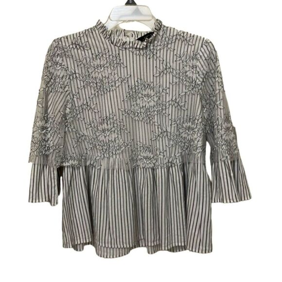 Zara Black White Striped Floral Lace Overlay Top Womens Size Medium - Picture 1 of 13